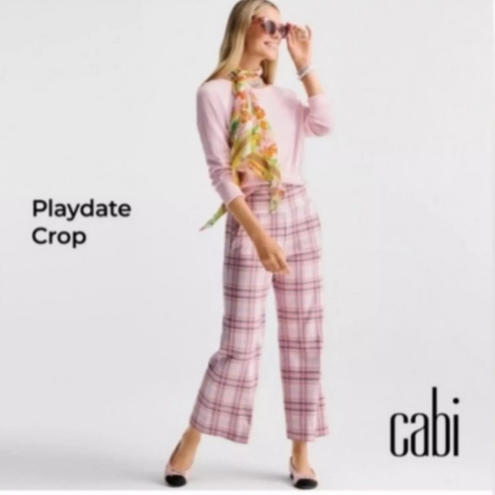 CAbi playdate pink plaid xs wide leg crop pant